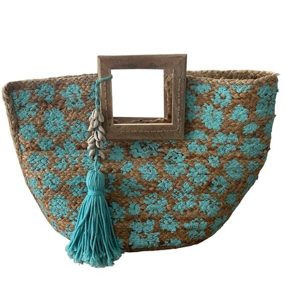 Beach Wood Handle Jute Tote Bag in Aqua - Picture 1 of 11